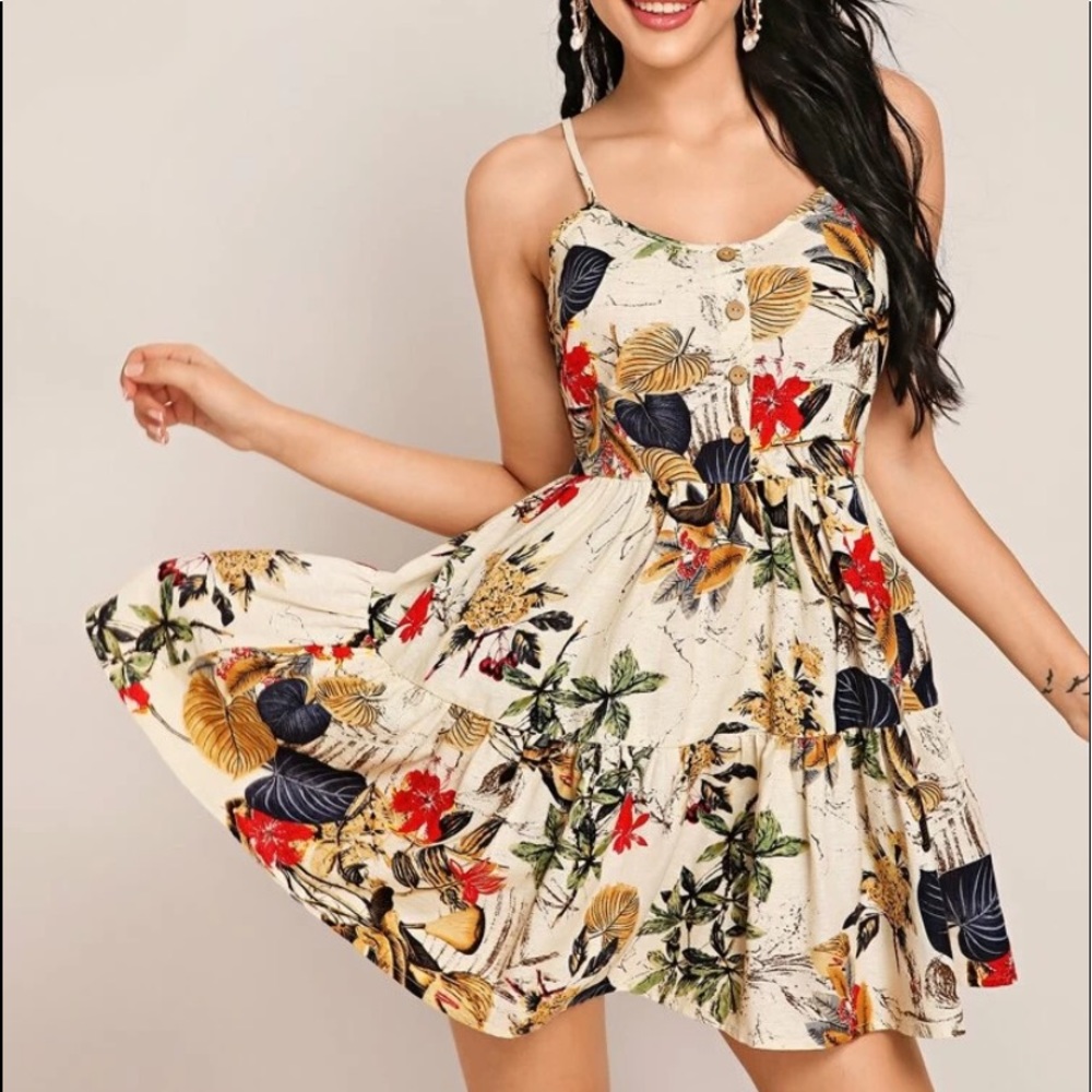 Tropical Print Tiered Hem Slip Dress